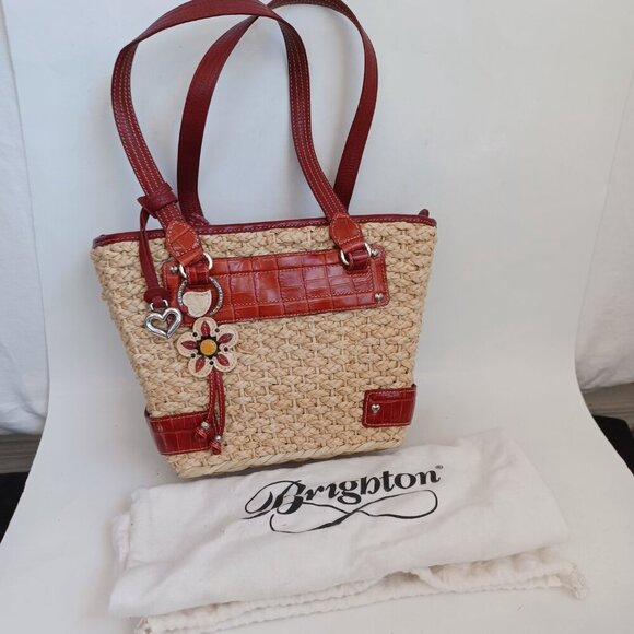 Brighton Bag Woven Natural Straw Red Croc Embossed Leather Floral Charm Dust Bag - Picture 6 of 14
